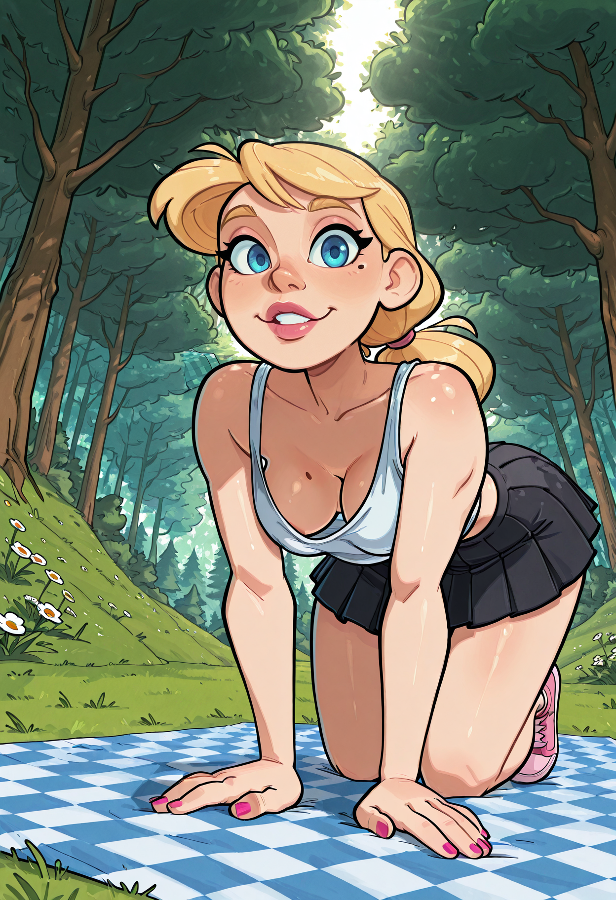 Masterpiece,best quality,absurdres,1girl,athletic,blonde,long low ponytail,sideswept bangs,blue eyes,mole under right eye,medium breasts BREAK forest park,soft grass,picnic,sunlight,dappled shadows,volumetric lighting,wildflowers,(on blue checkered blanket),pink sneakers,bare midriff,sleeveless,(white spaghetti top),(loose top:1.4),down blouse,(black pleated mini skirt),from below,pink fingernails,on all fours,bent over,looking at viewer,<lora:Kervs_-_Bridgetoons:0.7>,kervs,