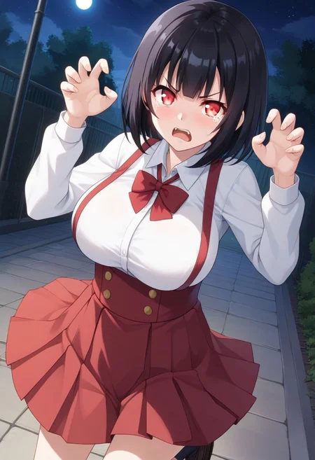 score_9,score_8_up,score_7_up,score_6_up, source_anime, BREAK,
Hiraki Hanako, solo, (large breasts), pale skin, short hair, black hair, bangs, glowing eyes, red eyes, fangs, school uniform, collared shirt, white shirt, long sleeves, claw pose, large breasts, high-waist skirt, suspenders, red skirt, white socks, loafers,
open mouth, angry, frown, tears, (tear drops),
looking at viewer, (face shot), (dynamic angle),
outdoors, (at night:1.3),