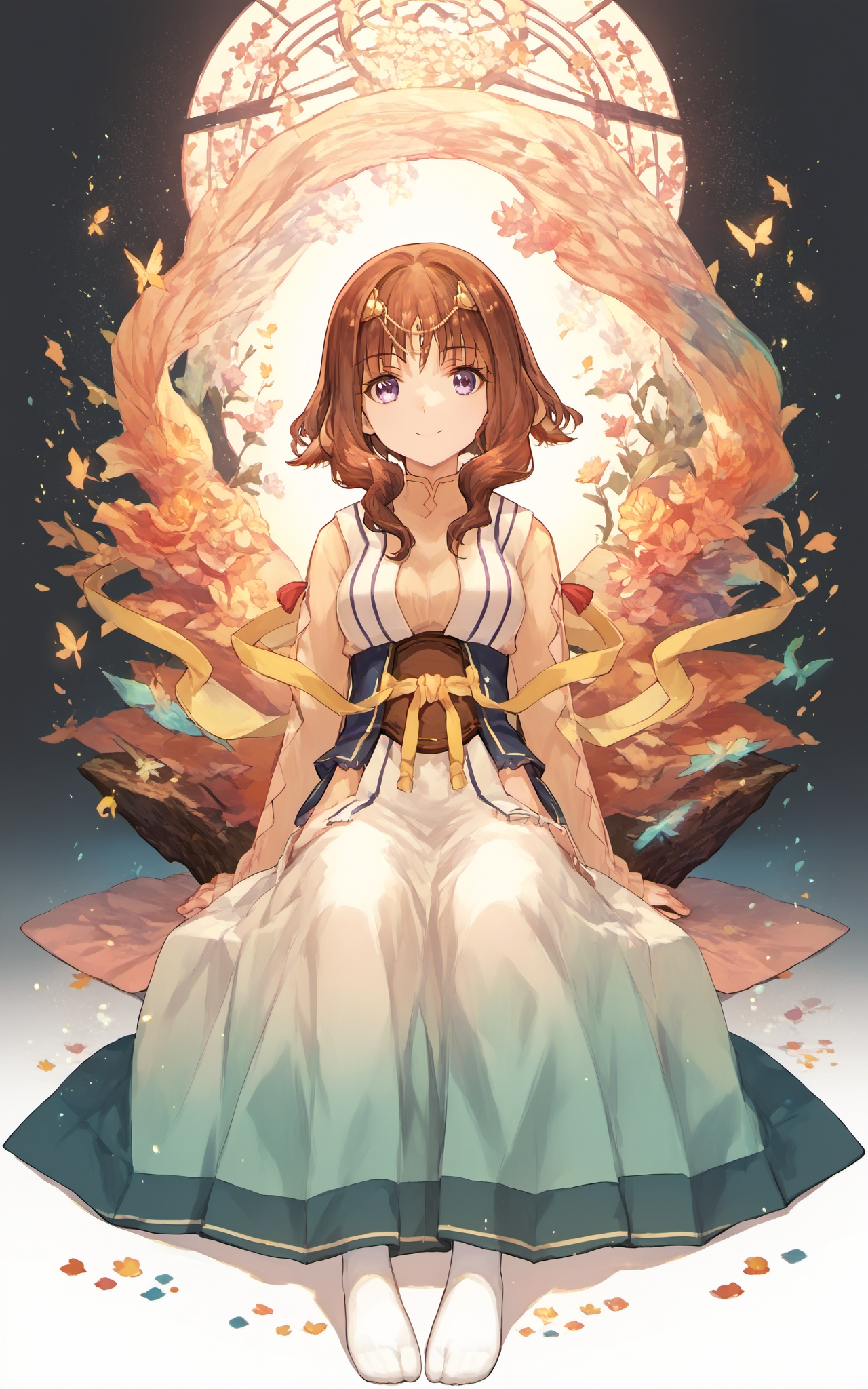 (score_9,score_8_up),score_7_up,score_6_up,score_5_up,source_anime,1girl,colorful,sitting,light particles,looking at viewer,<lora:fuzichoco_style_pony-000010:1>,fuzichoco_style,<lora:fumiruru_pony:0.6>,utawarerumono,utawarerumono: itsuwari no kamen,fumiruiru,kimono,smile,white socks,