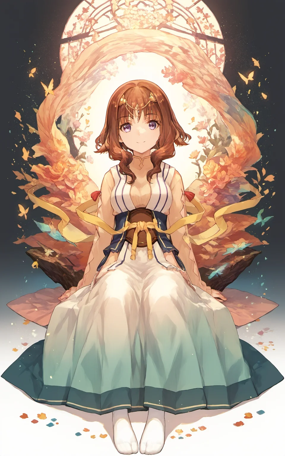(score_9,score_8_up),score_7_up,score_6_up,score_5_up,source_anime,1girl,colorful,sitting,light particles,looking at viewer,<lora:fuzichoco_style_pony-000010:1>,fuzichoco_style,<lora:fumiruru_pony:0.6>,utawarerumono,utawarerumono: itsuwari no kamen,fumiruiru,kimono,smile,white socks,