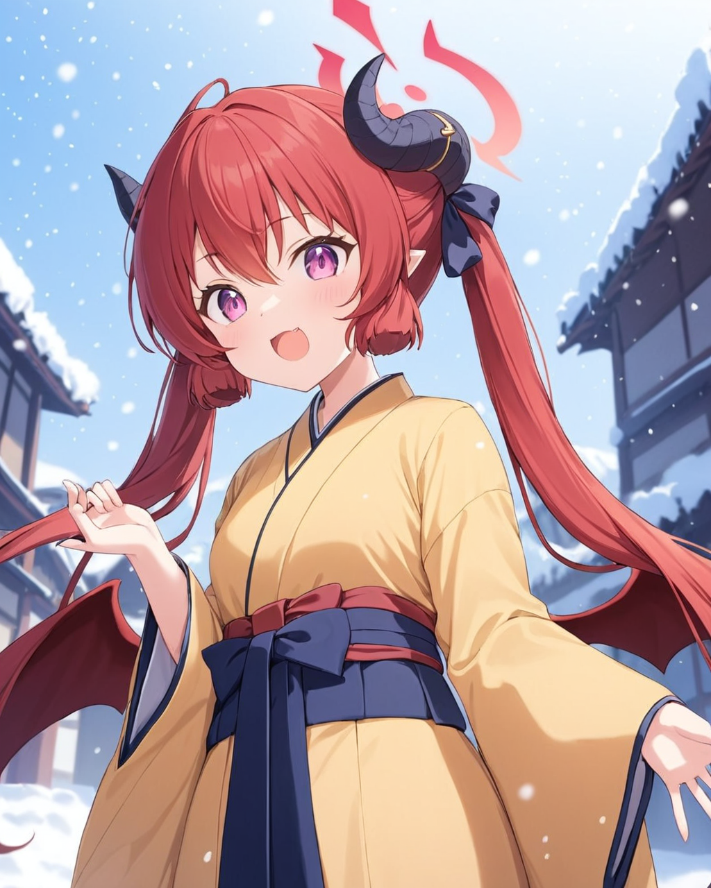 junko \(blue archive\),1girl, kinchaku, official_alternate_costume, solo, holding, twintails, low_wings, yellow_kimono, looking_at_viewer, halo, red_wings, wide_sleeves, open_mouth, outdoors, blurry_background, snowing, long_sleeves, demon_wings, hakama_skirt, floral_print, obi, snow, demon_horns, :d, depth_of_field
<lora:junko_(blue_archive)_image691_2023-11-28-000012:1>halo. gorgeous,key visual, vibrant, studio anime,award-winning, professional, highly detailed,high budget, cinemascope