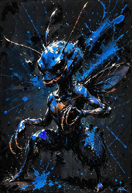 dynamink of an ant, in metallic dark blue ink on a solid black background, expressive, <lora:dynamink:1>,