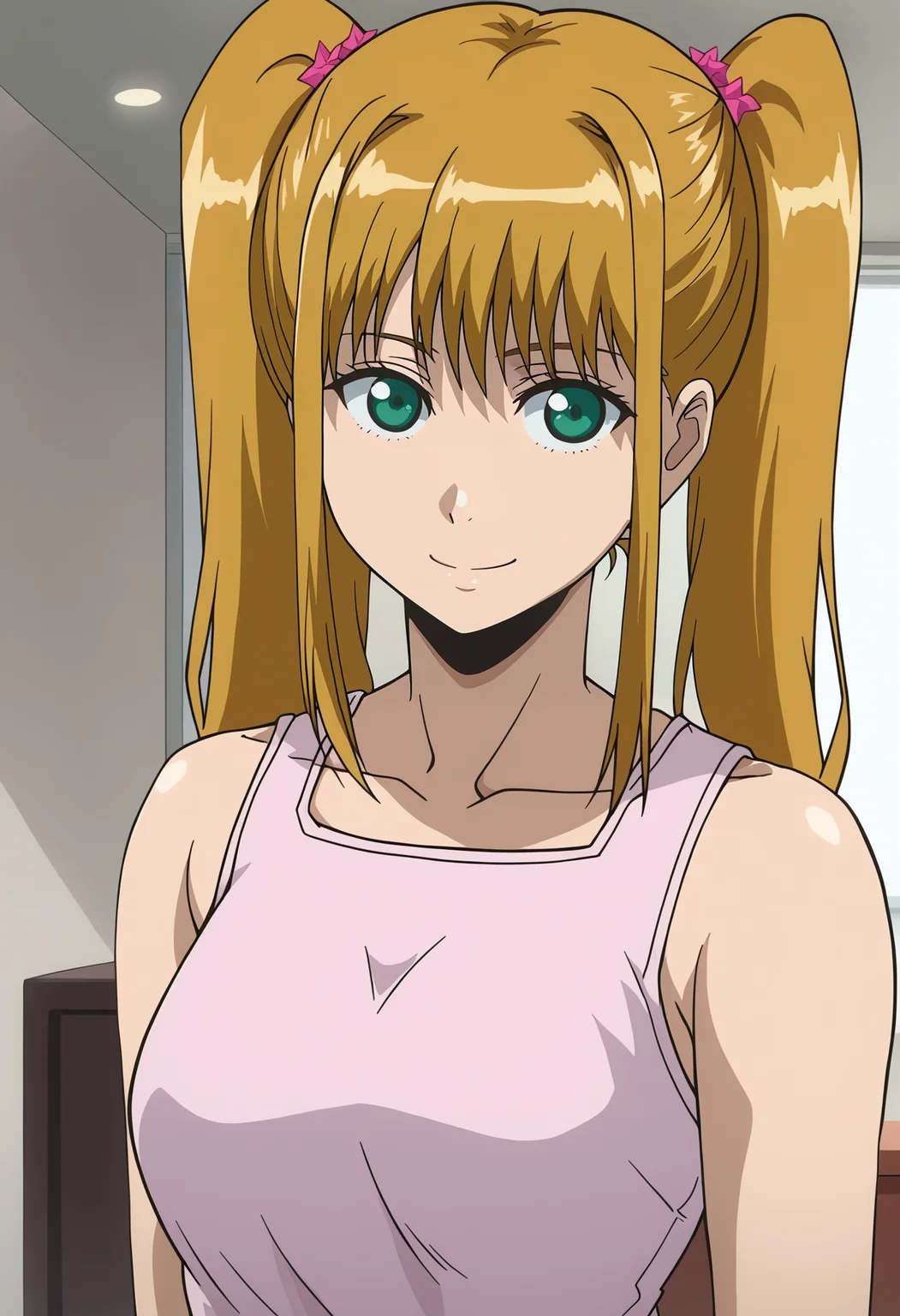 <lora:Nao_Nikaido-Kichiku:0.9>,Nao,1girl,solo,blonde hair,long hair,twintails,green eyes,tank top,upper body,looking at viewer,indoors,smile