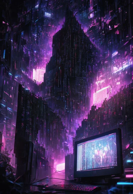 computer world falling apart into binary code, merge of dream and computer code realms, masterpiece, cinema lighting, modern ink, urbanpunk, aesthetic