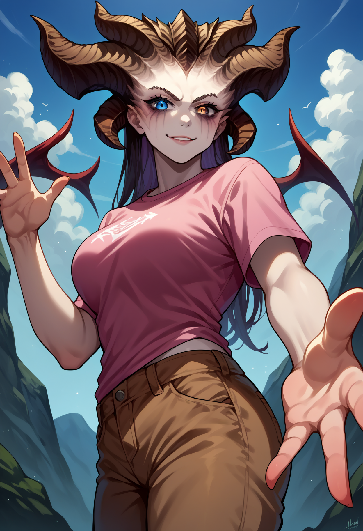 score_9, score_8_up,score_7_up, source_anime, rating_safe, 1girl, solo, <lora:EPd4Lilith:1>, EPd4Lilith, demon girl, demon horns, curled horns, colored skin, grey skin, heterochromia, grey eyes, blue eyes, pink t-shirt, large breasts, cargo pants, from side, blue sky, smile, looking at viewer, outstretched hand, from below