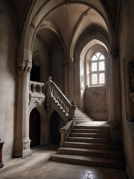 Hyperrealistic art manor house, castle indoor, hall, stairs, column, arch <lora:polyhedron_god rays-000007:0.6> <lora:Castle_manor:1.1> . Extremely high-resolution details, photographic, realism pushed to extreme, fine texture, incredibly lifelike