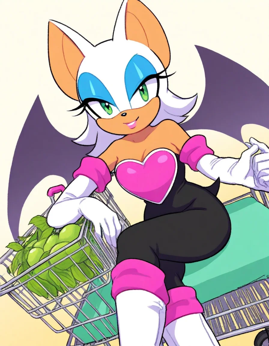 , <lora:rouge-the-bat-illustriousxl-lora-nochekaiser:1>, rouge, animal ears, bat ears, bat girl, bat tail, bat wings, eyeliner, furry, furry female, green eyes, makeup, tail, white hair, wings, eyeshadow,, bare shoulders, boots, elbow gloves, gloves, heart, knee boots, white footwear, white gloves,, grocery store, shopping cart, picking fruits, everyday life, , smile, sitting, elbow rest, table,, looking at viewer, solo,, dutch angle, cowboy shot