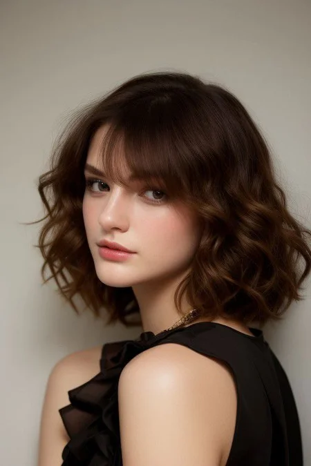 Indulge in the rich allure of vibrant, harmonized black tones with complimentary haircuts included in every session. Embrace the dynamic energy reminiscent of Titans, as curls showcase the artistry of color. Capture a masterpiece with perfect anatomy, utilizing a medium shot for a RAW photo of a 30-year-old woman. Showcase curtain bangs, focusing on her head, hair, shoulders, and hands down. Set against a plain white background, the image is captured in 8K UHD using a DSLR camera, employing soft lighting for high-quality results. Introduce a touch of film grain, shot with a Fujifilm XT3, Glamour. The sexy woman's gaze at the viewer is meticulously crafted with cinematic light, even lighting, high key, low key, shadows, contrast, and visual details such as skin texture and small pores. The image features film grain with a warm hue and tone, adding a layer of warmth. On a technical note, it boasts ultra-high resolution for a truly captivating result.