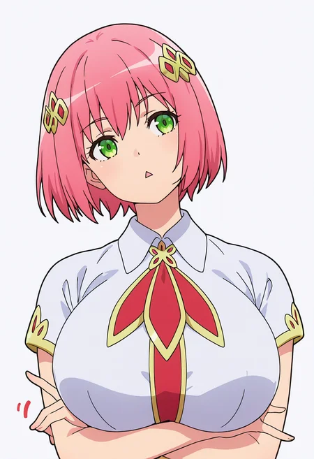 Smooth Quality,masterpiece,very intricate, high quality details, ultra realistic, high detailed skin,detailed enviorement,absurdres,
stop (gesture),solo,
<lora:Nohkins_Hanabata_CNR:0.8> nohkins_cnr, green eyes, pink hair, short hair, huge breasts, nohkins_def_cnr, dress, shirt, white shirt, collared shirt, short sleeves, hair ornament,, simple background, white background, sideways,
standing, arms crossed, head tilt, serious, balanced stance, confident, ,, diamond mouth,