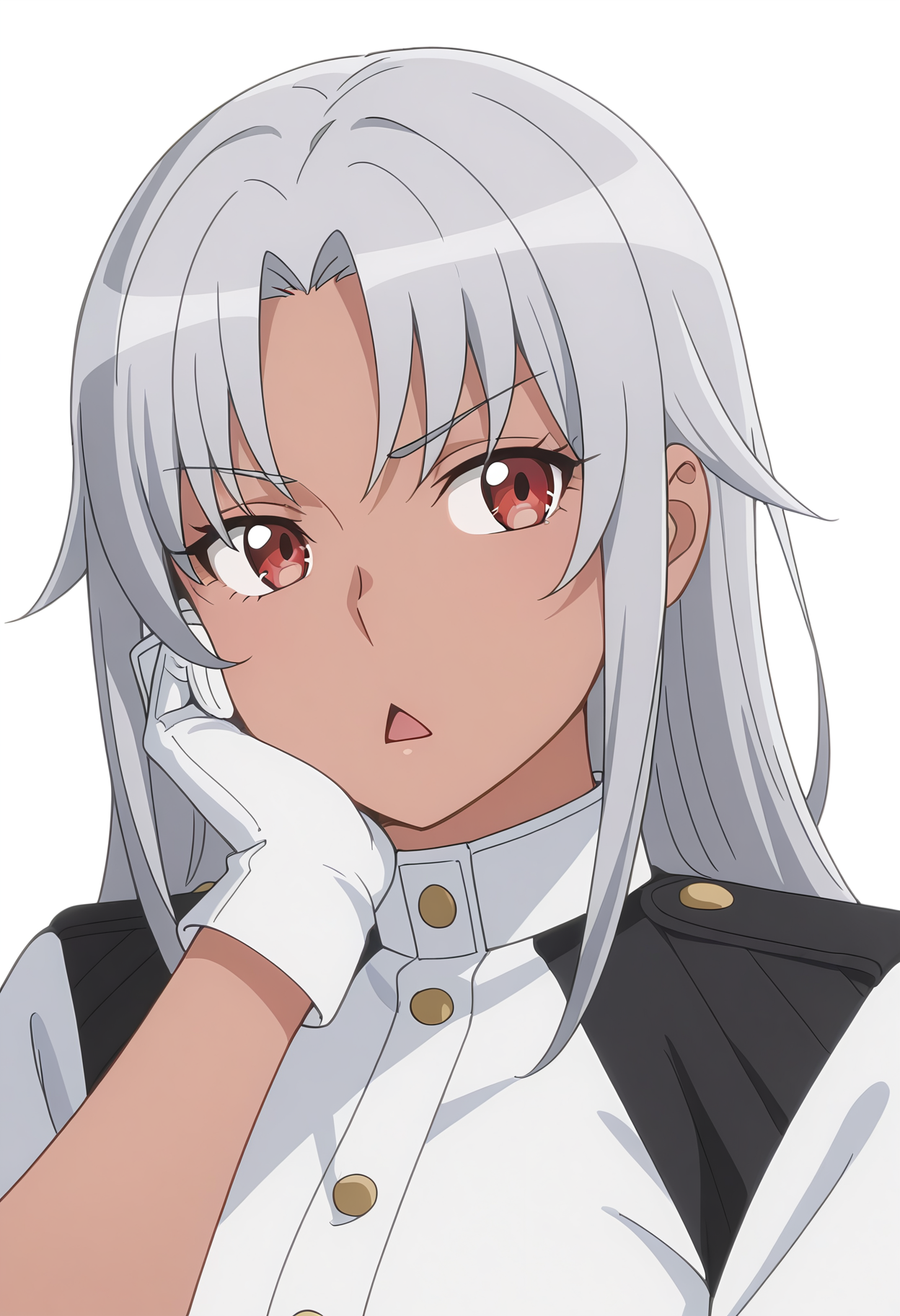 Smooth Quality,masterpiece, ultra realistic,
simple background, white background,
front view,diamond mouth,hand on own cheek,
 <lora:AquaErisCnn:0.8>Aqua/Cnn, Sist/Cnn, long hair, 1girl, red eyes, dark-skinned female, uniform, grey hair, gloves,