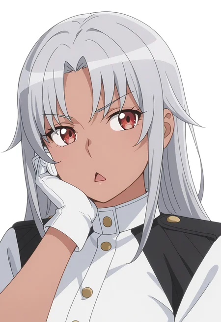 Smooth Quality,masterpiece, ultra realistic,
simple background, white background,
front view,diamond mouth,hand on own cheek,
 <lora:AquaErisCnn:0.8>Aqua/Cnn, Sist/Cnn, long hair, 1girl, red eyes, dark-skinned female, uniform, grey hair, gloves,