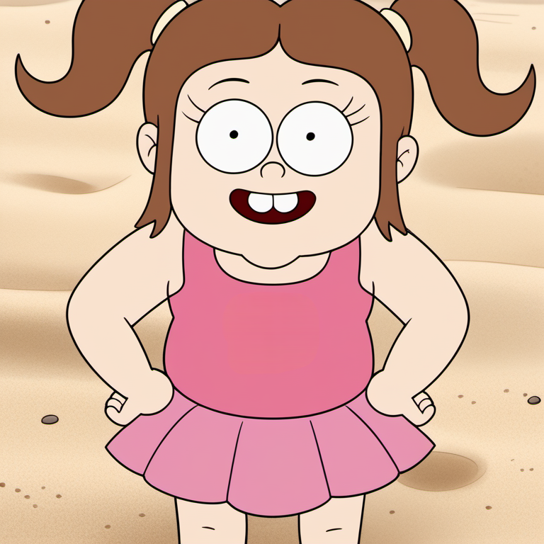 solo, 1girl, cecan1, brown hair, pink swimsuit with skirt, twintails, hand on hip, smirk, upper teeth only,  barefoot, buck teeth, pov, child, sand, <lora:cecan1-000009:1>