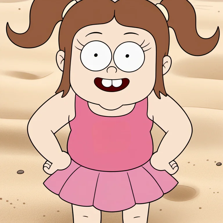 solo, 1girl, cecan1, brown hair, pink swimsuit with skirt, twintails, hand on hip, smirk, upper teeth only, barefoot, buck teeth, pov, child, sand, <lora:cecan1-000009:1>