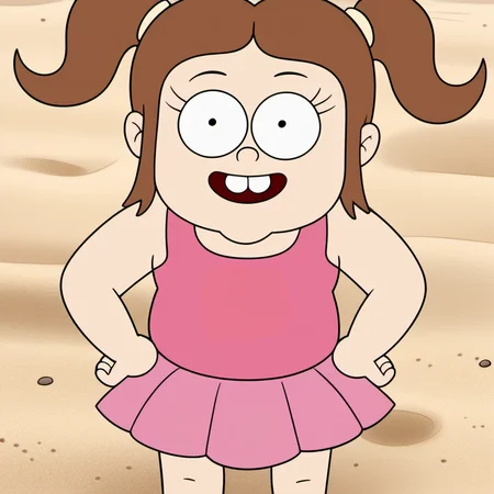 solo, 1girl, cecan1, brown hair, pink swimsuit with skirt, twintails, hand on hip, smirk, upper teeth only,  barefoot, buck teeth, pov, child, sand, <lora:cecan1-000009:1>