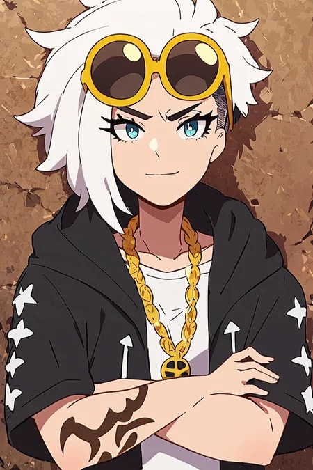 score_9, score_8_up, score_8, medium breasts, (curvy), cute, eyelashes, BREAK, solo, shirt, black hair, 1girl, jewelry, closed mouth, collarbone, jacket, white shirt, upper body, white hair, short sleeves, male focus, hood, necklace, black jacket, tattoo, frown, crossed arms, sunglasses, hooded jacket, eyewear on head, arm tattoo, undercut, yellow-framed eyewear ,BREAK, cowboy shot, smile, looking at viewer, Expressiveh, <lora:Alola_Style_PDXL:1.0>, <lora:Expressive_H-000001:0.4>,