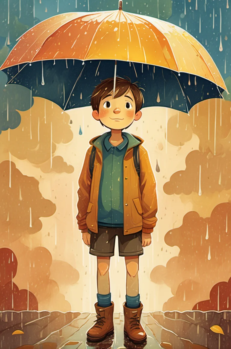 illustration of a 10-year-old boy in the rain,looking up at the falling sky from under an umbrella,in the style of warm color palette,cute and dreamy,childlike simplicity,simplistic cartoon,children's book illustrations,faded memories,subtle colors,thick texture --no details,
<lora:xl_more_art-full_v1:1>,, (((masterpiece))),(((best quality))),((ultra-detailed))