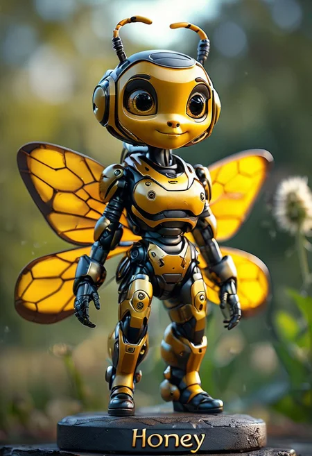 cinematic photo cyborg bee girl, "Honey" written, 35mm photograph, film, bokeh, professional, 4k, highly detailed