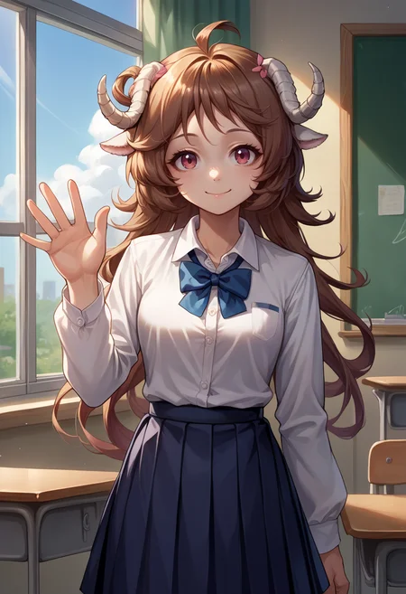 score_9, score_8_up, source_anime, 1girl, solo, Eyjafjalla, curled horns, ahoge, classroom, window, school uniform, dress shirt, pleated skirt, waving at viewer, smile, <lora:ChamPonyXLEyjafjalla:1>