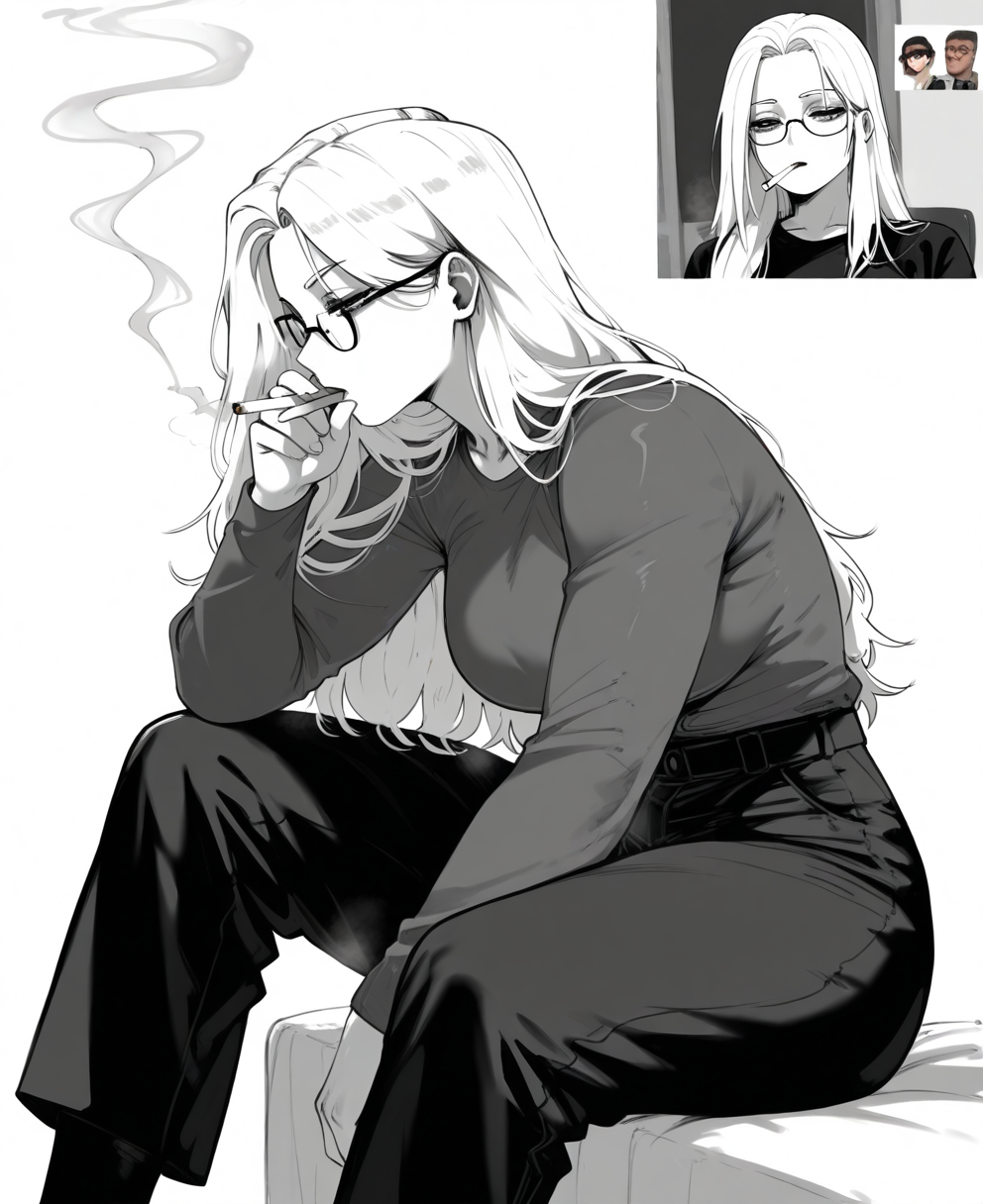 <lora:masoqC:1> masoqC,
(masterpiece), (best quality), (ultra-detailed), amazing quality, very aesthetic, illustration, perfect composition, intricate details, absurdres, incredibly absurdres, shiny skin, realistic,
 masoq, 1girl, cigarette, glasses, smoking, long hair, , monochrome, sitting, greyscale, solo,  cigarette, pants, reference inset, smoke, socks, breasts, general
