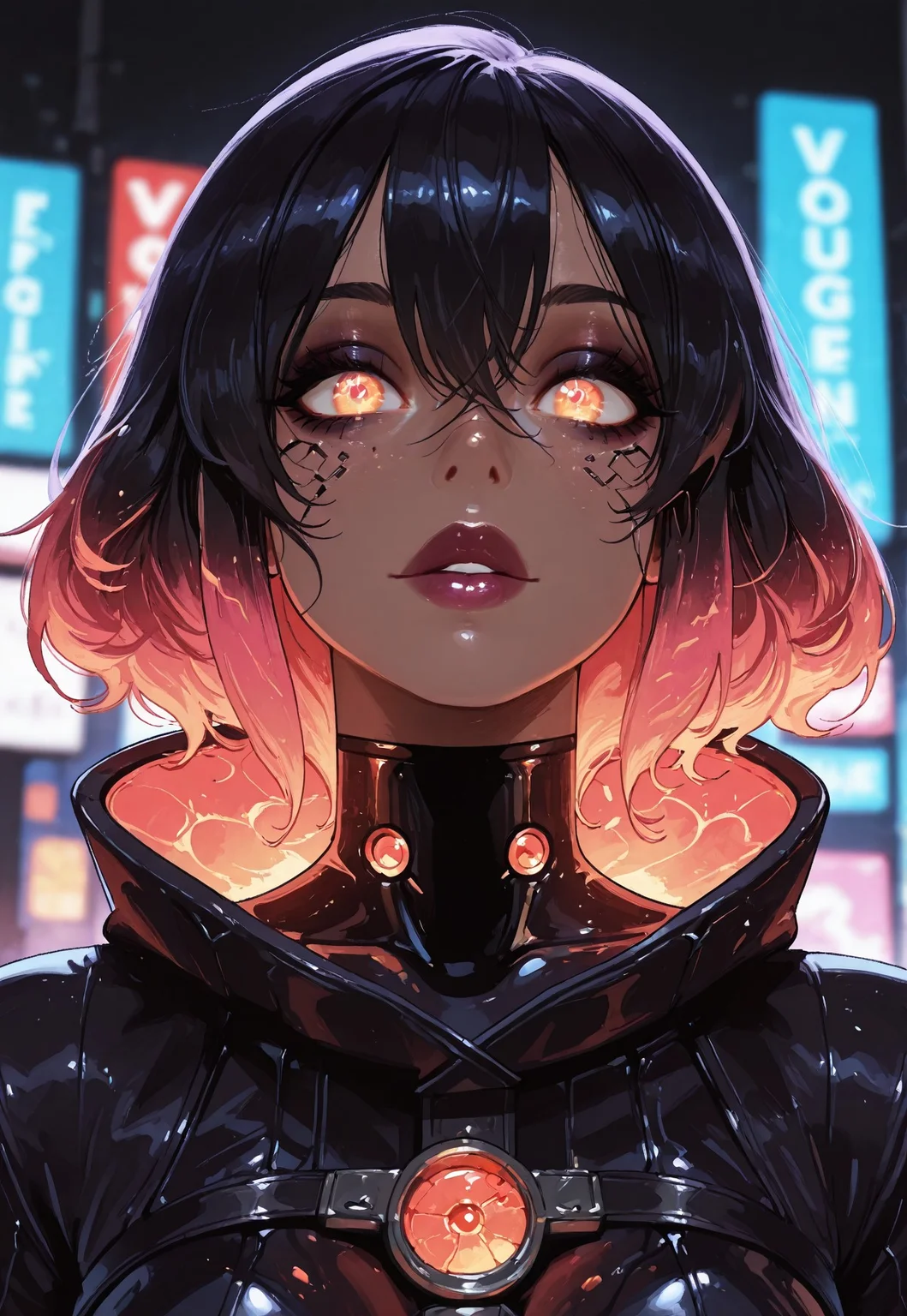 masterpiece, ultra-HD, cinematic lighting, photorealistic, impressionism (1.5), high detail, depth of field, (blurred background), (dramatic lighting), best quality, amazing quality, absurdres, , portrait of a futuristic woman with glowing pink and cyan hair shaped like flames, dark metallic skin, wearing a fragmented mirror bodysuit, background of broken neon signs and floating holographic koi fish, glossy lips, reflective pupils, bold makeup, fashion editorial shot, sci-fi glam, hyperrealistic lighting, cyberpunk style, 8k, vogue cover look