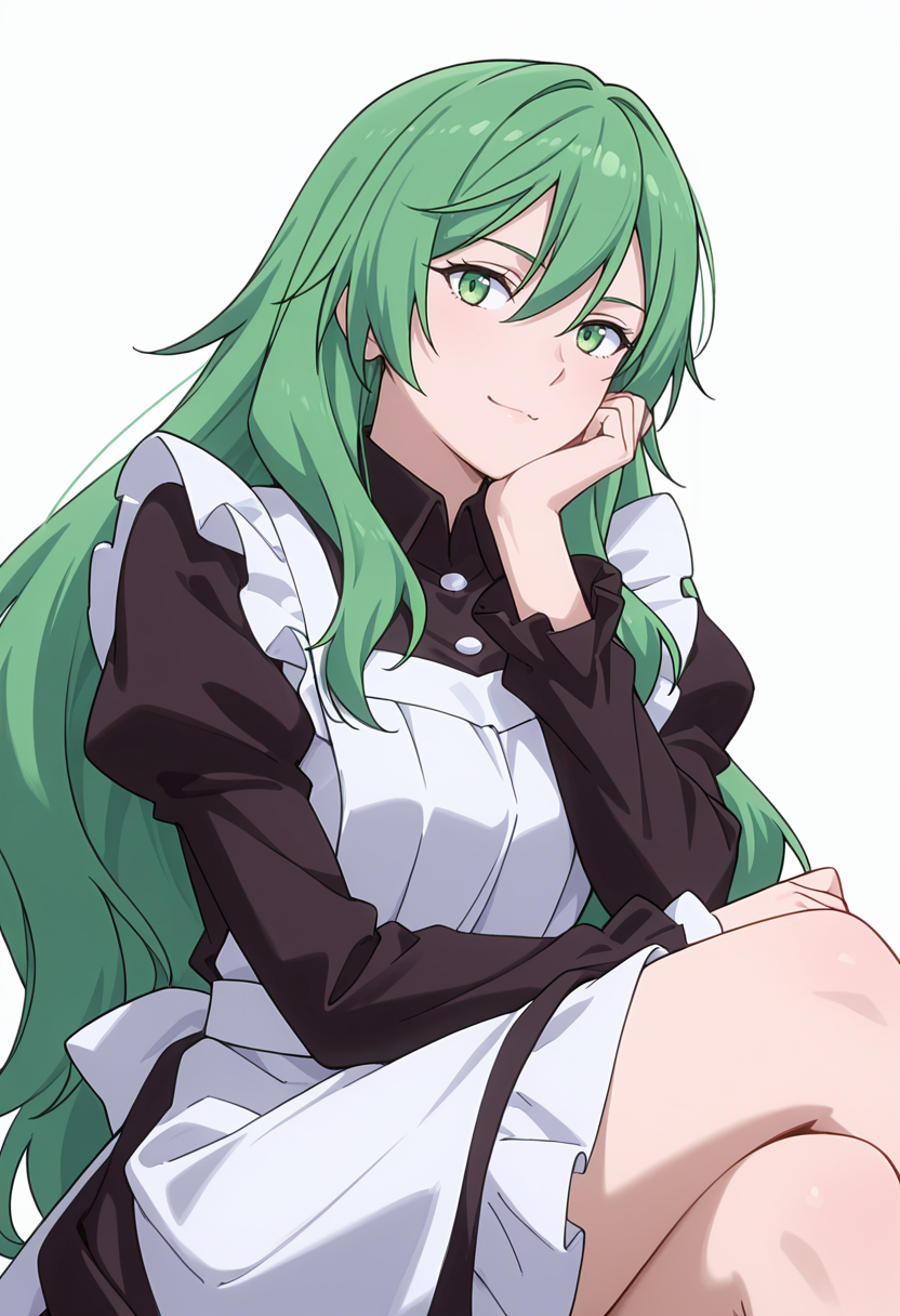 Smooth Quality,masterpiece,very intricate, high quality details, ultra realistic, high detailed skin,detailed enviorement,absurdres,
simple background, white background,solo,
sitting pose, legs crossed, one hand resting on chin, playful smile, relaxed shoulders,  ,dynamic angle,in heat,
 <lora:Misery_cnn:0.8> 1girl, green hair, green eyes, hair between eyes, frown, very long hair, sidelocks,dress, shirt,maid apron, puffy sleeves, long sleeves, juliet sleeves, enmaided,