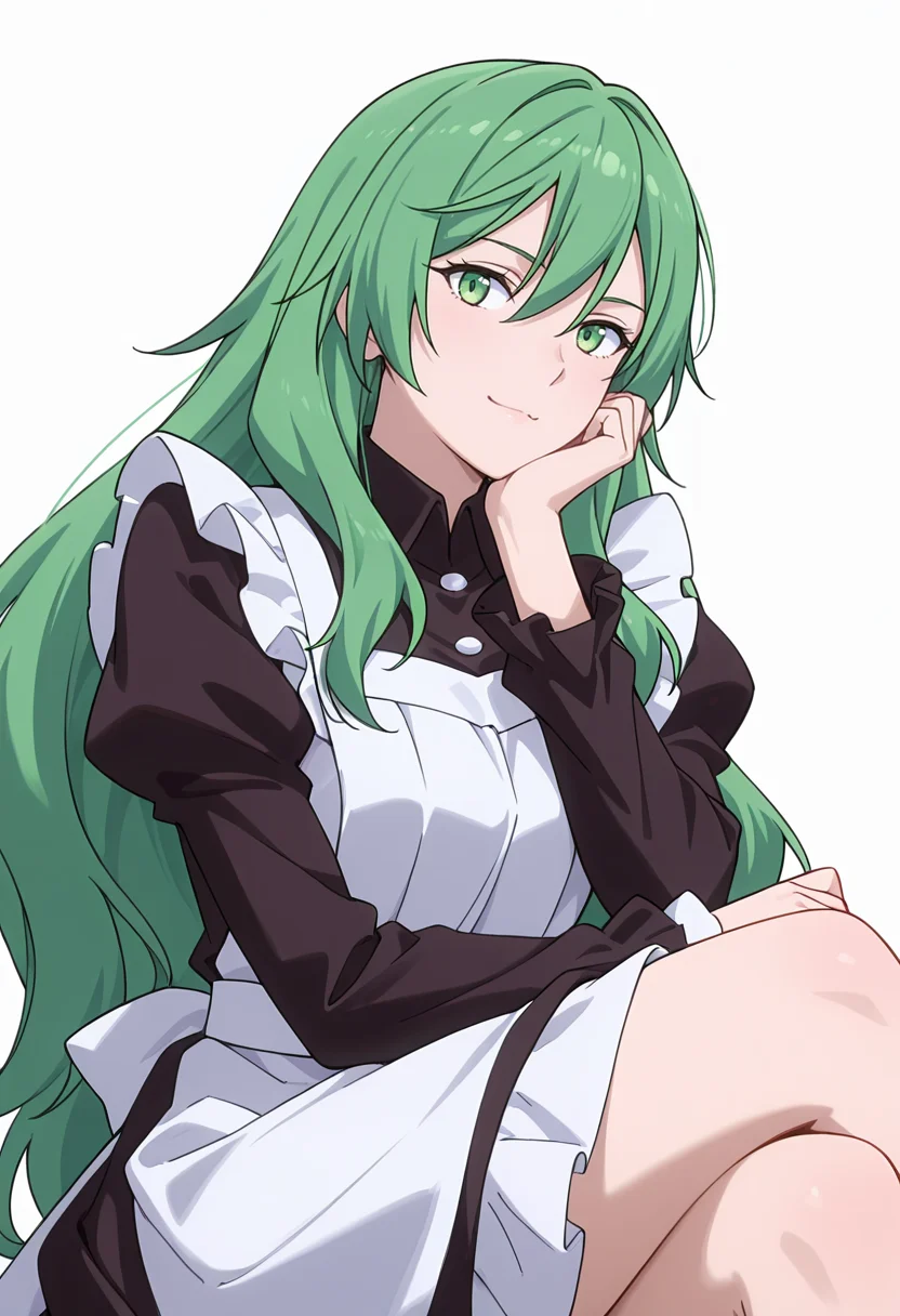Smooth Quality,masterpiece,very intricate, high quality details, ultra realistic, high detailed skin,detailed enviorement,absurdres,
simple background, white background,solo,
sitting pose, legs crossed, one hand resting on chin, playful smile, relaxed shoulders, ,dynamic angle,in heat,
<lora:Misery_cnn:0.8> 1girl, green hair, green eyes, hair between eyes, frown, very long hair, sidelocks,dress, shirt,maid apron, puffy sleeves, long sleeves, juliet sleeves, enmaided,