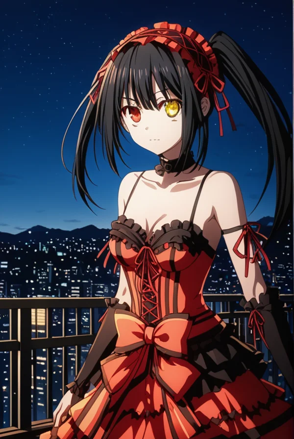 masterpiece, best quality, highres, 4k, 8k, intricate detail, cinematic lighting, amazing quality, amazing shading, soft lighting, Detailed Illustration, anime style,
kurumitokisaki, <lora:kurumi-tokisaki-s1s2-sdxl-lora-nochekaiser:0.75>,
kurumi tokisaki astral dress, long hair, black hair, red eyes, twintails, yellow eyes, hairband, heterochromia, sidelocks, asymmetrical hair, dress, red dress, bare shoulders, collarbone, choker, bowtie, red bowtie, detached sleeves, corset, frills,
outdoors, cityscape,
looking at viewer, cowboy shot,