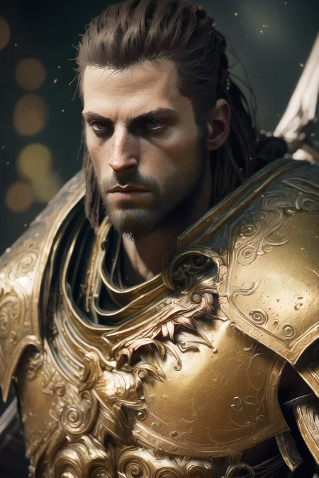 A (full body:1.3) shot at 8k resolution, splash art, fantastic comic book style, photorealistic, intense look, anatomical photorealistic digital painting portrait of alexios, human (warrior:1.3) in black and gold intricate (heavy armor:1.3) in a (dark and moody universe:1.3), light
particle, very detailed skin, very detailed eyes, (elden ring style:1.3), (warhammer style:1.1), concept artist, global illumination, depth of field, splash art, art by artgerm and greg rutkowski and viktoria gavrilenko <lora:Nlo_Alexios_v1:1>
