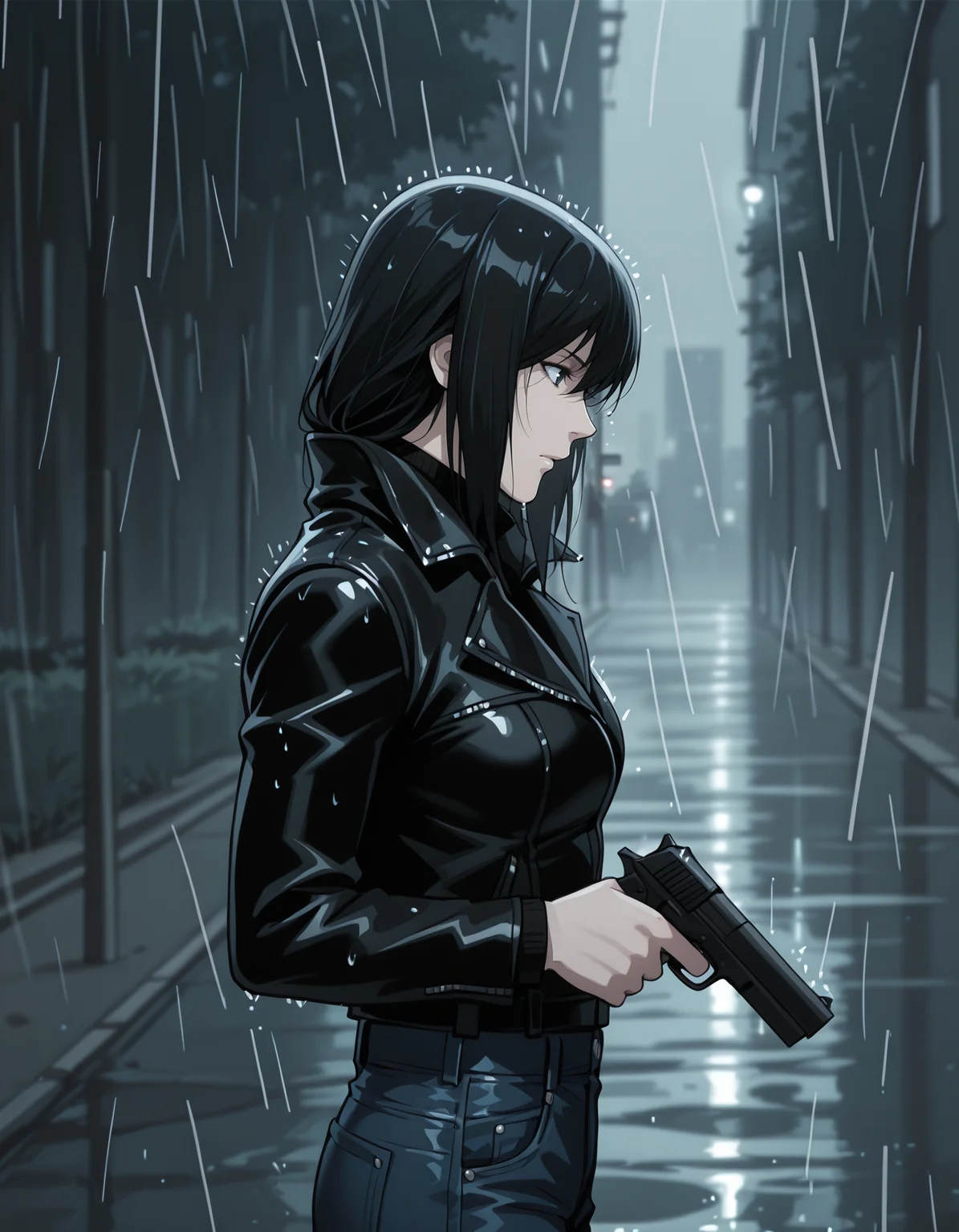<lora:naomi-illustrious-000020:1> n4om1dn, turtleneck, jacket, jeans
1girl, solo, handgun, outdoors, rain, night, from side