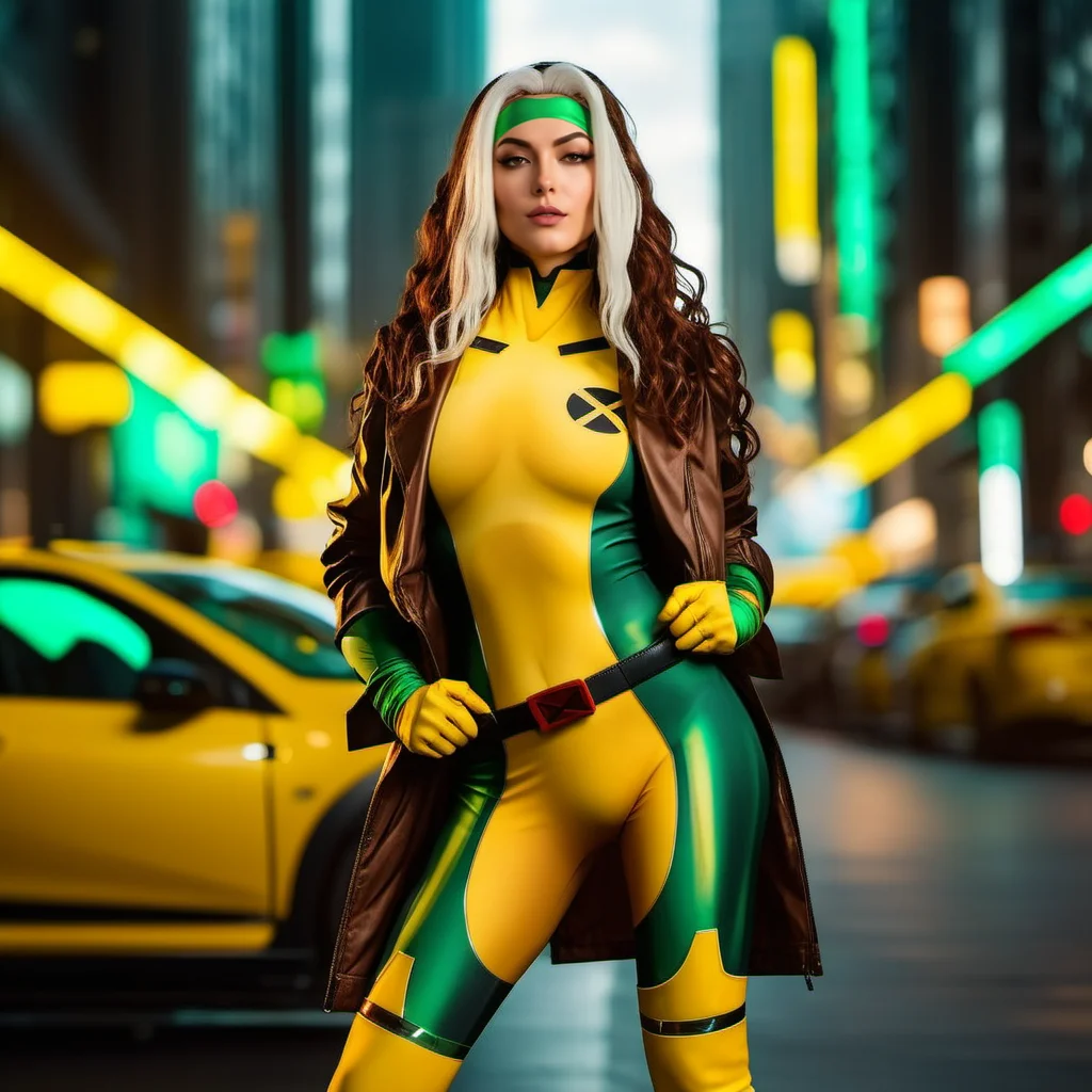 Rogue1024, a woman full body, wears a yellow and green superhero suit and a jacket, cyberpunk city background, highly detailed, photography, ultra sharp, film, professional, 64k <lora:add-detail-xl:1.5> <lora:Rogue1024:0.8>
