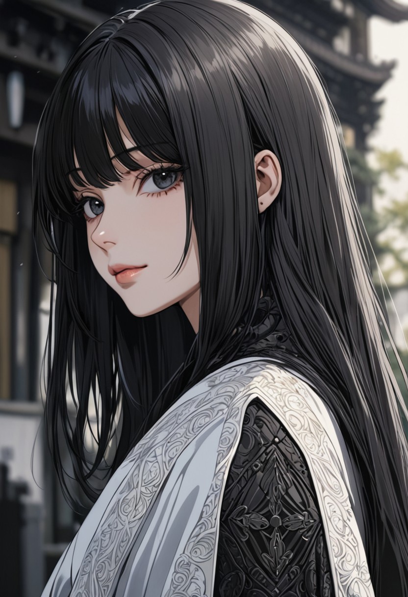 gorgeous lips, cinematic, (masterpiece), (best quality), (ultra-detailed), very aesthetic, illustration, perfect composition, intricate details, absurdres, detailed face, (anime, masterpiece, intricate:1.3), (best quality, hires textures, high detail:1.2), (4k),(incredibly detailed:1.4) (beautiful detailed face, beautiful detailed eyes)
villain, 1woman, arrogant smile
high pointed nose, (nostrils:1.3), no bra, blurry, 22-year-old woman, pale skin,
black eyes, bob black hair, big brests
white kimono, pelvic curtain on ass, large ass, from behind, outdoors,  dimly lit, white background