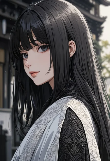gorgeous lips, cinematic, (masterpiece), (best quality), (ultra-detailed), very aesthetic, illustration, perfect composition, intricate details, absurdres, detailed face, (anime, masterpiece, intricate:1.3), (best quality, hires textures, high detail:1.2), (4k),(incredibly detailed:1.4) (beautiful detailed face, beautiful detailed eyes)
villain, 1woman, arrogant smile
high pointed nose, (nostrils:1.3), no bra, blurry, 22-year-old woman, pale skin,
black eyes, bob black hair, big brests
white kimono, pelvic curtain on ass, large ass, from behind, outdoors, dimly lit, white background