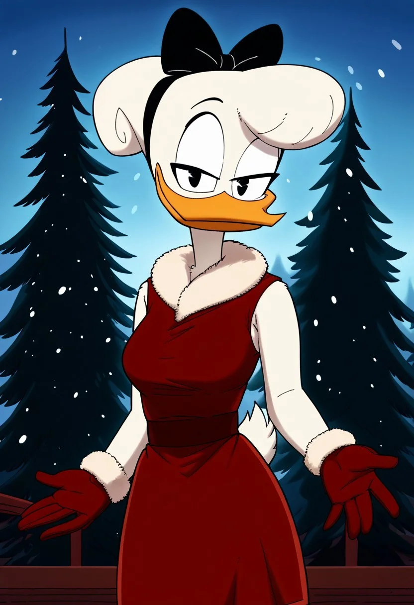 score_9, score_8_up, score_7_up, score_6_up, best quality, highres, source_furry, masterpiece, BREAK ppp BREAK
female, daisy, duck, beak, white skin, white body, white hair, black eyes, breasts, hair bun, centered hair bow,1girl, gloves, furry female, furry, dress, solo, smile, red dress, snow, outdoors,black eyes, fur-trimmed dress, fur-trimmed gloves, snowing, fur trim, breasts, christmas, standing, medium breasts, sleeveless, looking at viewer, tree, sleeveless dress, red gloves, half-closed eyes, happy, closed mouth, pine tree, orange dress
<lora:Drockdraw_Style:0.7> <lora:Daisy_Duck3:0.9>