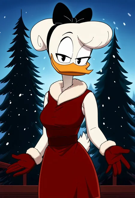 score_9, score_8_up, score_7_up, score_6_up, best quality, highres, source_furry, masterpiece, BREAK ppp BREAK
female, daisy, duck, beak, white skin, white body, white hair, black eyes, breasts, hair bun, centered hair bow,1girl, gloves, furry female, furry, dress, solo, smile, red dress, snow, outdoors,black eyes, fur-trimmed dress, fur-trimmed gloves, snowing, fur trim, breasts, christmas, standing, medium breasts, sleeveless, looking at viewer, tree, sleeveless dress, red gloves, half-closed eyes, happy, closed mouth, pine tree, orange dress
<lora:Drockdraw_Style:0.7> <lora:Daisy_Duck3:0.9>