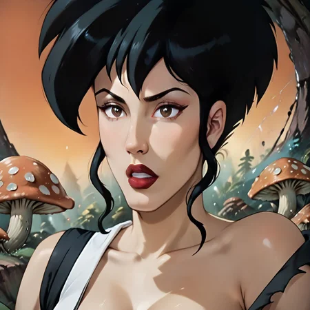 SCORE_9, SCORE_8_UP, SOURCE_FURRY, REALISTIC, SOLO, 1 FEMALE, BREAK, KERRIE STRAIN, BLACK HAIR, BROWN EYES, LIPSTICK, TORN DRESS, BODY PORTRAIT, CHEST, BREAK, CLOSE-UP, SCI FI, MUSHROOM FOREST, OUTER SPACE, DISTANT STARS, HIGH RESOLUTION, VIVID TEXTURES, DETAILED PUPILS