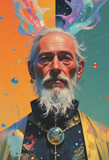 A hyper-realistic digital portrait of an 82-year-old bald man with a long silver beard, deeply wrinkled skin, sun spots, and visible age lines. His head and neck are semi-transparent, filled with swirling liquid patterns in glowing amber, luminous turquoise, and deep cobalt, creating a surreal, gelatinous effect of flowing energy within. He wears a matte gold robe adorned with blue glass beads, intricate embroidery, and geometric motifs, contrasting against the fluid interior glow.
The background is divided into four distinct sections: vibrant orange with fine white linework and circular symbols; deep cerulean with repeating graphic patterns; moss green layered with black-and-white shapes; and muted lavender with textured designs. Flowing curved lines weave through the scene, filled with intricate dots, stripes, and layered motifs, creating rhythmic movement. The composition merges realism with stylized abstraction, using a retro-futurist palette and contemporary digital design language.