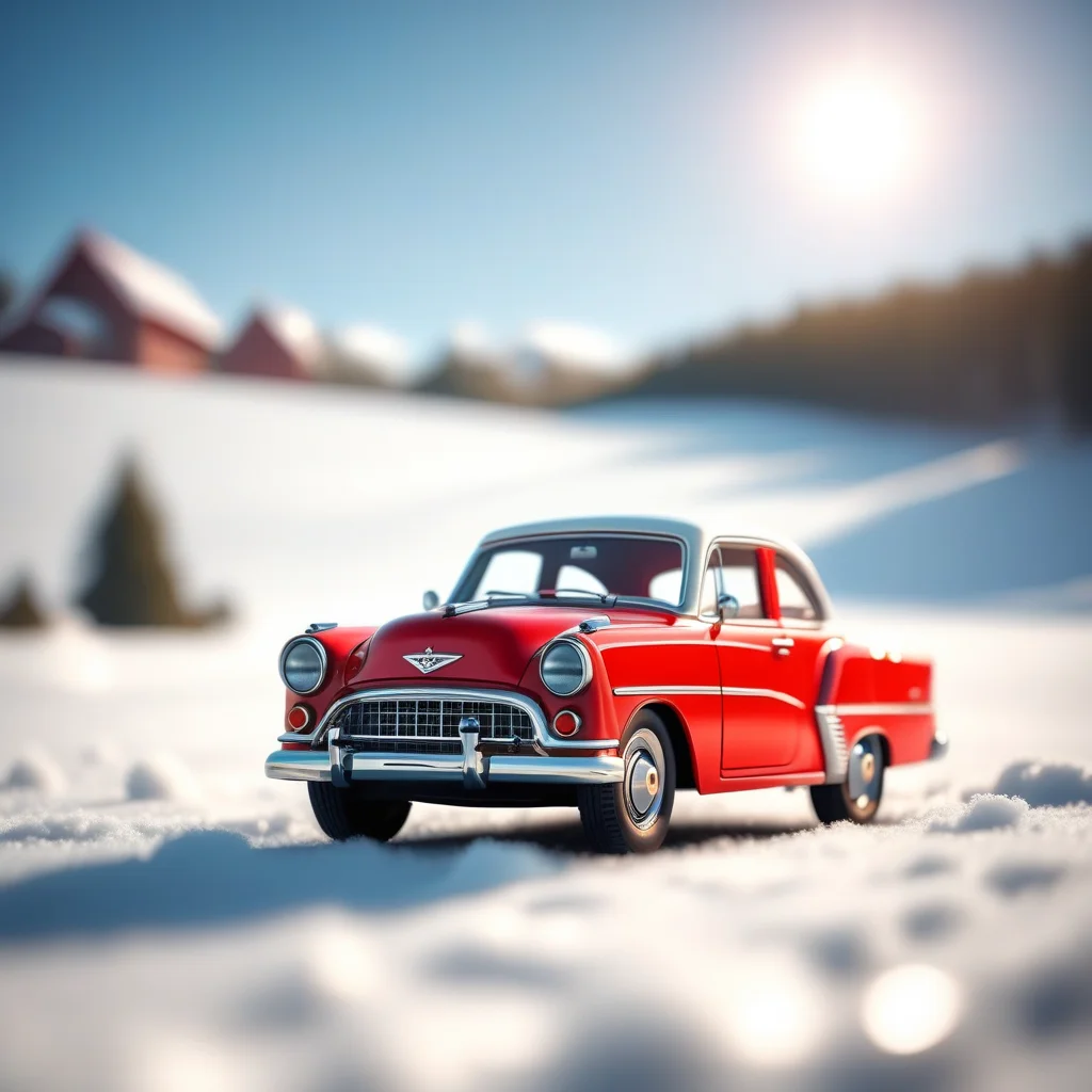 cute image in side angleview of a stylishvintage car on asphal, snowlands, day light, intense depth of field, high-octane, 3d, cg,