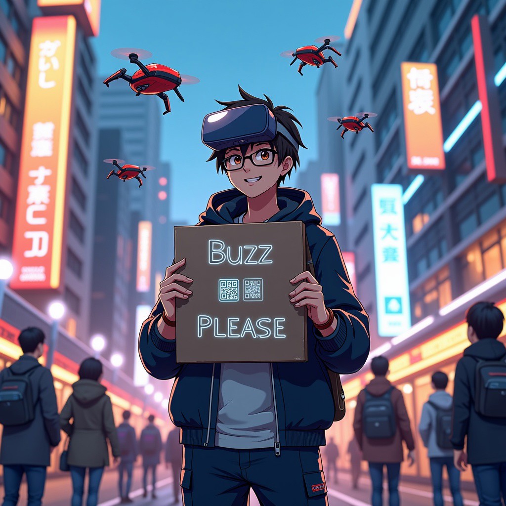 Anime style. A bustling futuristic city street at dusk, illuminated by neon lights and holographic advertisements. In the heart of this urban scene stands a buzz beggar, a figure blending traditional attire with smart clothing. Their sign displays QR codes and digital and a text that says "buzz me please" currency icons, showcasing modern ways to donate. Equipped with augmented reality glasses and a VR headset, they interact with the world of advanced technology. Hovering around them are small drones or robotic aides, assisting in gathering donations and entertaining passersby. Commuters engage with the beggar’s technology, scanning codes and enjoying holographic projections. The background features high-tech buildings and vehicles, embodying the advancements of society.