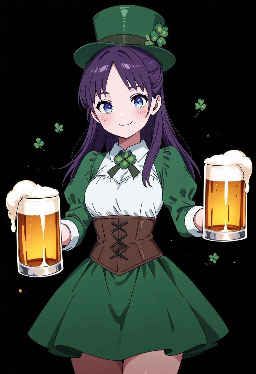 masterpiece, best quality, looking at viewer, smile,  1girl, solo(beautiful eyes), C0utur3Cr4z3,  green hat, corset, green skirt, long sleeves, collared dress, solo, smile, looking at viewer, cowboy shot,  ShamrockWorld, clover, four-leaf clover, beer mug, WWNemu, NemuAniHu, dark purple hair,  parted bangs, half updo, blue eyes,