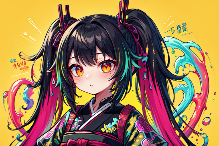 highly insanely detailed, masterpiece, top quality, best quality, highres, 4k, 8k, RAW photo, (very aesthetic, beautiful and aesthetic),  
(code_style,codestyle),english text,japanese text,traditional chinese text, 
<lora:CodeStyle (half generic class)_564920:0.8>, 
(1girl:1.3), 1other, 
neon yellow background,neon magenta background,neon orange background,(fluid color background,color fusion background,solid color background),âââ