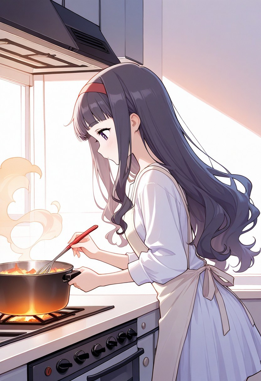 1girl, masterpiece, best quality, amazing quality, watercolor:2, daidouji tomoyo, cooking, oven, warm atmosphere