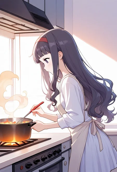 1girl, masterpiece, best quality, amazing quality, watercolor:2, daidouji tomoyo, cooking, oven, warm atmosphere
