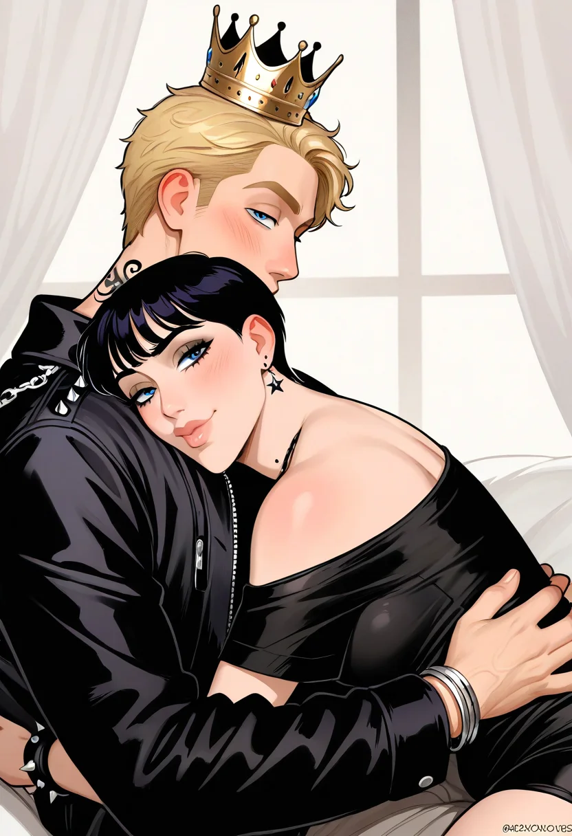 masterpiece, best quality, newest, absurdres, highres, 1girl, punk, 1boy, prince, crown, hug, 