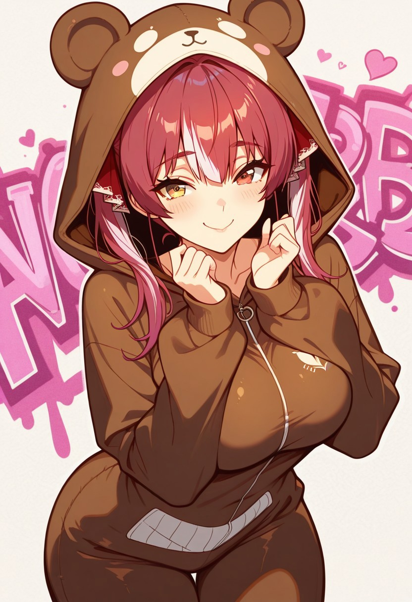 masterpiece, best quality, amazing quality,
1girl, houshou marine from hololive, stunning, wearing a oversized bear onesie, cute, innocent, fun dynamic pose, naughty expression, cheeky, unique hair, stylish hair, unique hair colour, detailed eyes, flat background, abstract art background, graffiti background, very aesthetic, (very playful), cute hands, large breasts