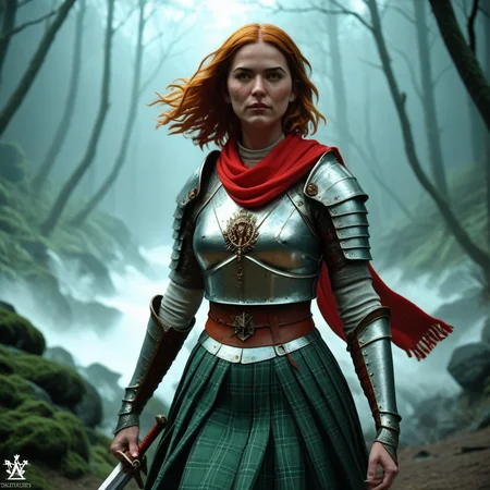 score_9, score_8_up, score_7_up, source_photo, 4k, source_3D, realistic, the vogue magazine shot portrait, commissioned for, medium shot, comic con fans, character is standing, mighty long word, battle-worn state, genuine expression, swirling fog of the Scottish highlands, ancient rocks, heavy armor and a kilt, green forest kilt, vibrant red scarf reaches her chin)), fluttering in the stormy wind, intricate patterns and textures, striking contrast, amber hair, highly decorated medieval armor, hold on to the intricately crafted sword, double-edged sword, sword length larger than body size, as she stand tall and fearless in the face of adversity