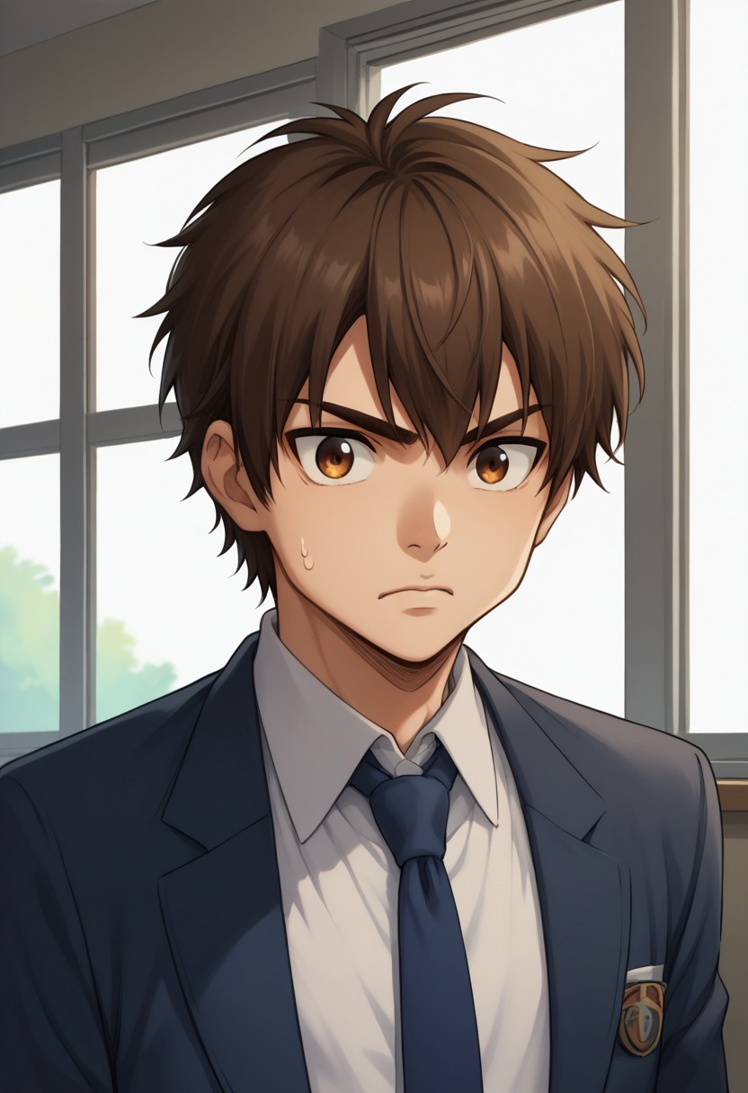 score_9, score_8_up, score_7_up, source_anime, highly detailed, 
eijun, 1boy, male focus, brown hair, solo, sweatdrop, brown eyes parody, necktie,
school uniform, indoors, window, shirt, collared shirt, blazer