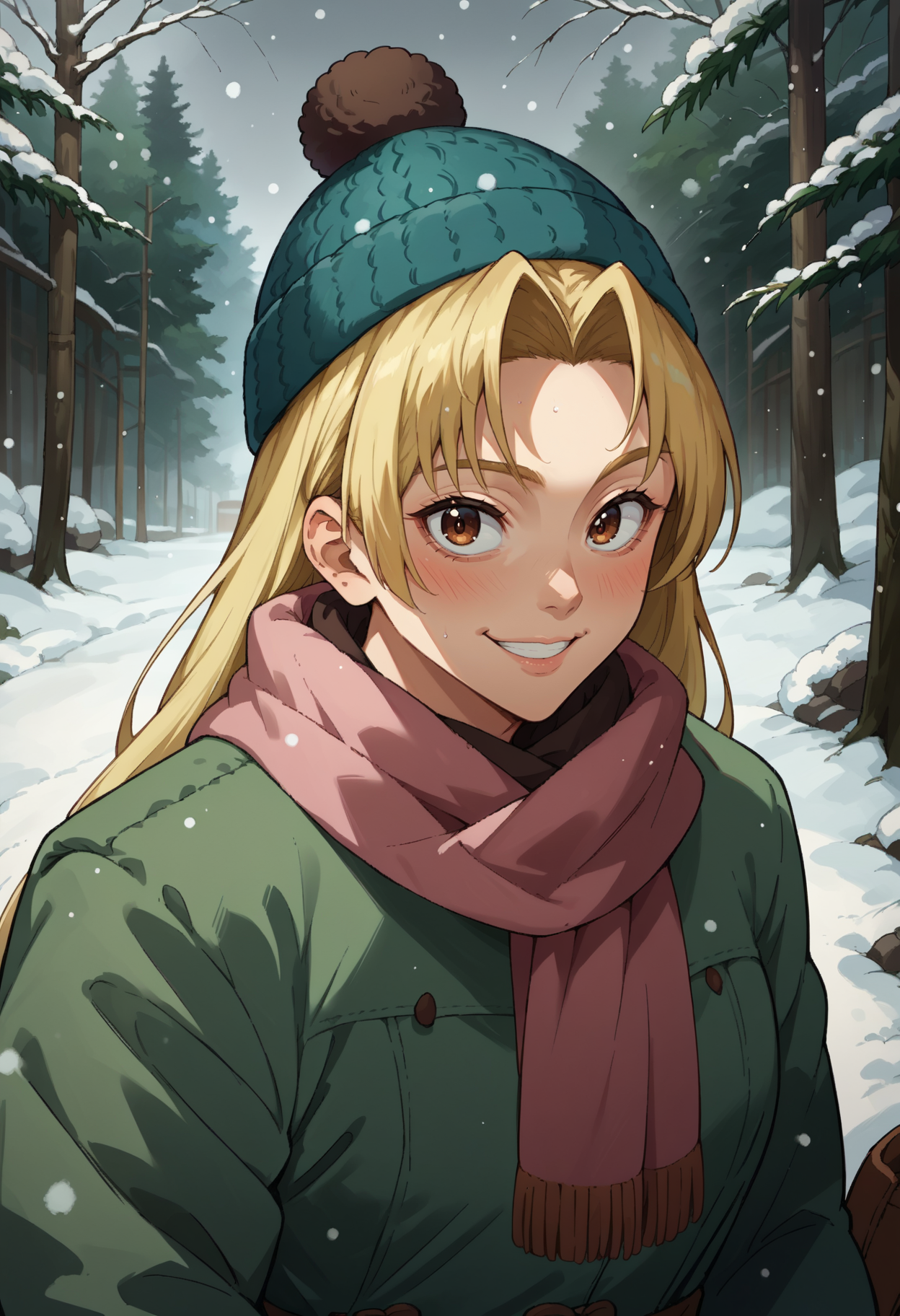 score_9, score_8_up,score_7_up, source_anime,1girl, solo, <lora:EPjjkTsukumoYuki:1>, EPjjkTsukumoYuki, long hair, blonde hair, brown eyes, parted bangs,  woolly hat, scarf, mittens, puffy jacket, snowing, outside, in forest, looking at viewer, smiling, blush,