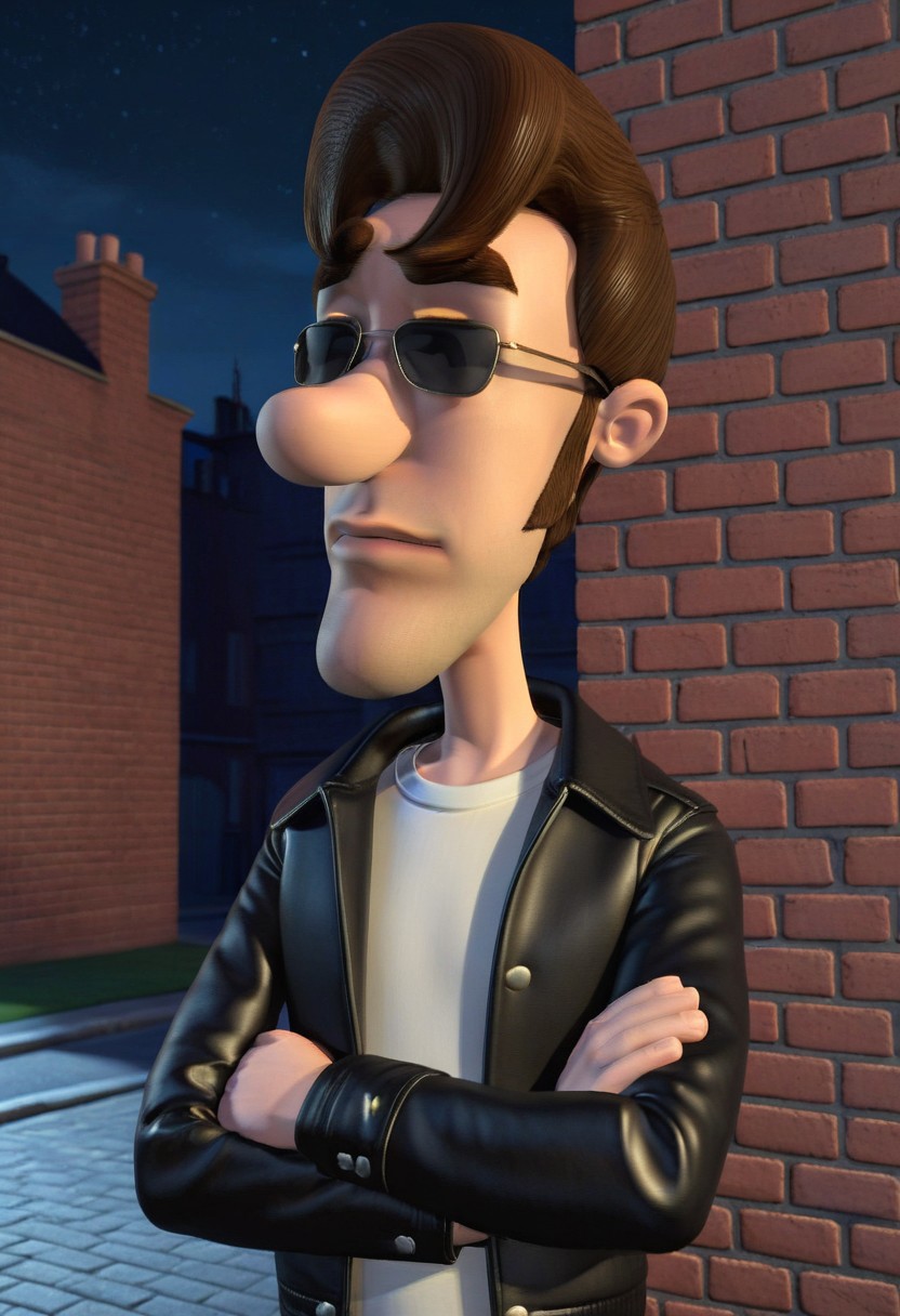 masterpiece, best quality, absurdres, 3d, 1boy, male focus, solo, C_H_N_JN, brown hair, pompadour, sideburns, sunglasses, leather jacket, white shirt, upper body, crossed arms, looking at viewer, disdain, frown, brick wall, night