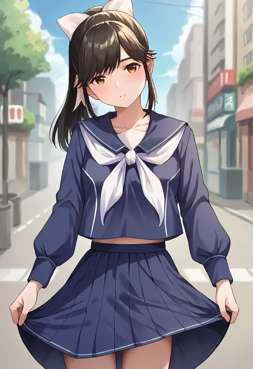 score_9, score_8_up, score_7_up, masterpiece, source_anime 1girl, ct_m4na, long hair, ponytail, hair bow, blue serafuku, blue sailor collar, white neckerchief, long sleeves, blue skirt, outdoors, city, depth of field, looking at viewer, cowboy shot, <lora:Manaka Takane_Pony_ct_ver2:1>