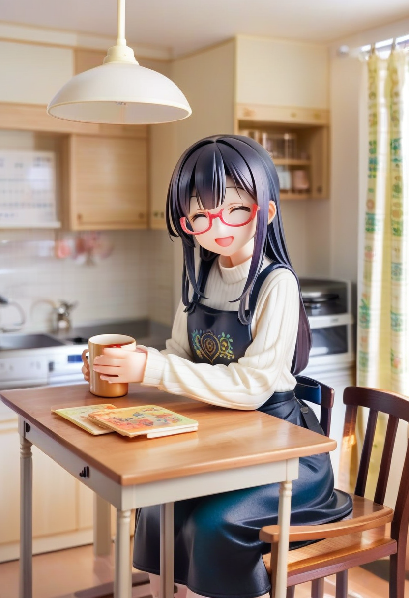 score_9, score_8_up, score_7_up, rating_safe, masterpiece, best quality, absurdres, unity 8k wallpaper, official art, official style, source_anime, uncensored, game cg, megami magazine,
1girl, solo, glasses, black hair, long hair, white ribbed sweater, black apron,  happy, smile, looking at viewer, closed eyes, open mouth, own hands together,
JPkitchen, calendar (object), chair, indoors, scenery, window, sink, wooden table, lamp, kitchen, curtains, cabinet, clock, cofee mug, coffee, 
<lora:JP_kitchen_PONY_V1:1>